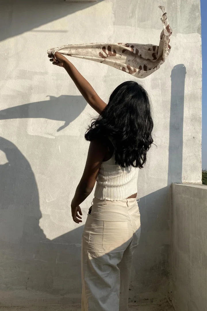 Ilamra hand block printed Kalamkari art organic cotton naturally dyed in Off white and brown, chic, upcycled cotton scarf