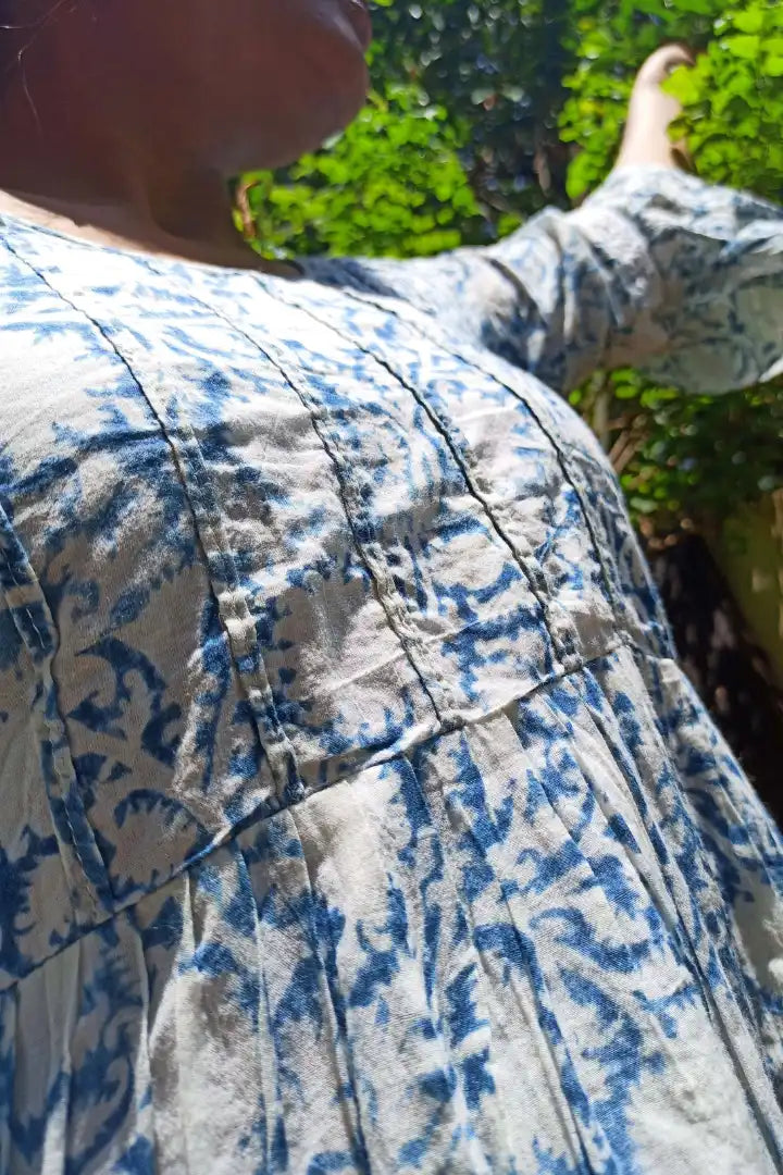 Ilamra sustainable clothing organic cotton Indigo and Off-white hand block printed elegant dress