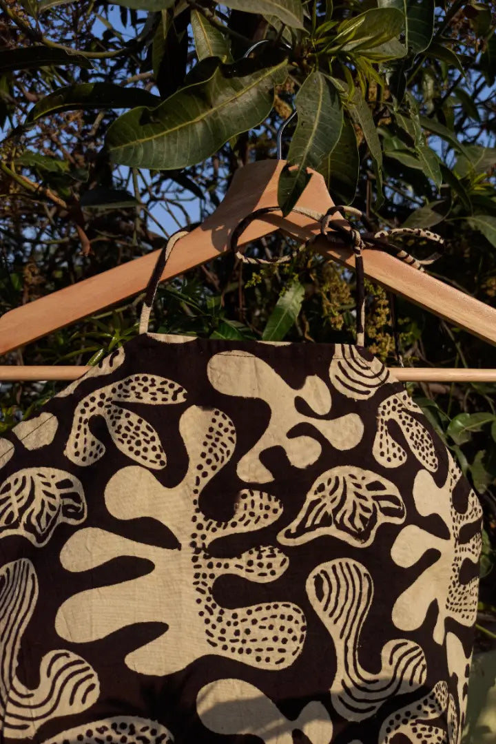 Ilamra sustainable clothing organic cotton beige and black hand block printed halter top