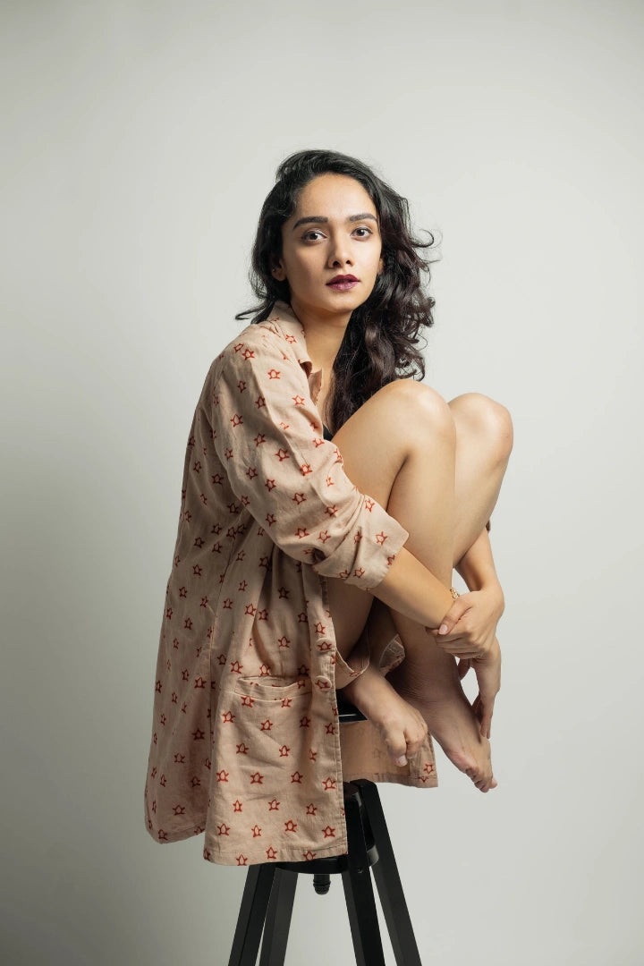 Ilamra sustainable clothing organic cotton madder red and beige hand block printed soft blazer and shorts co-ord set