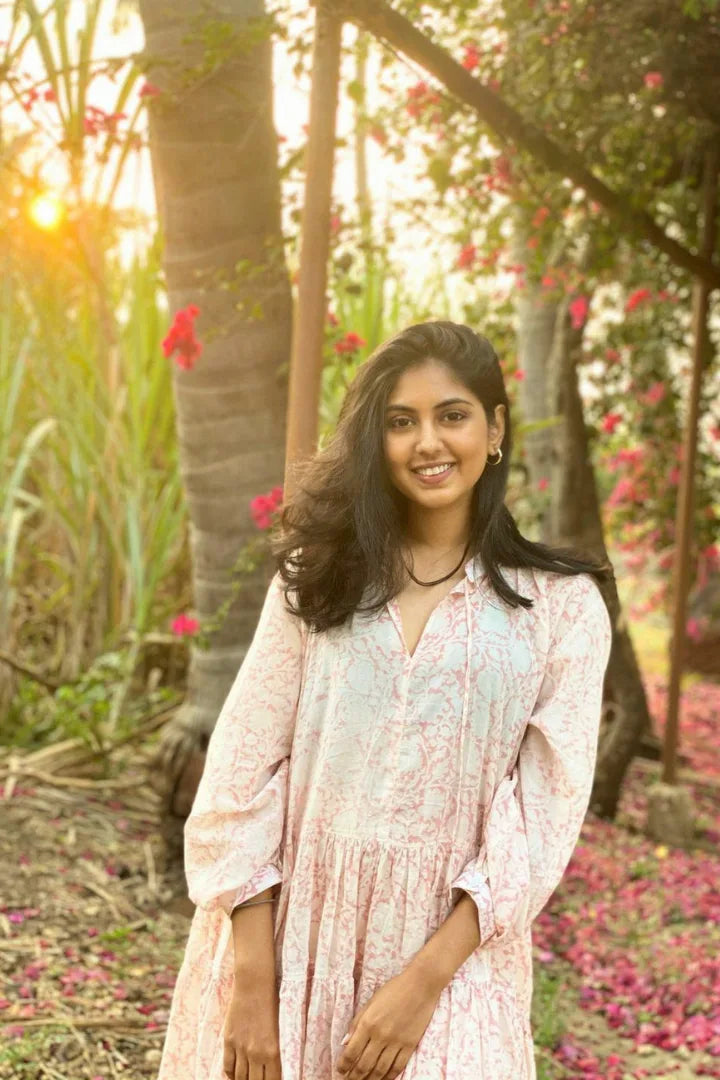 Ilamra sustainable clothing organic cotton Off-white and blush pink hand block printed tiered dress with puffed sleeves