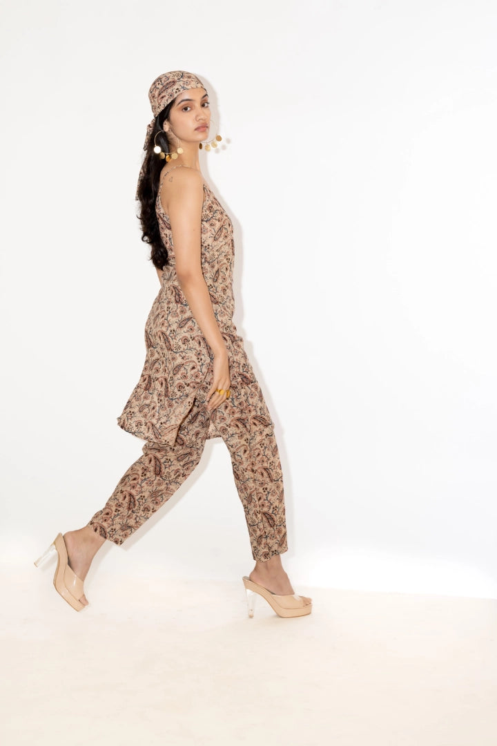 Ilamra hand block printed sustainably made naturally dyed Beige with hints of indigo, madder red and blush pink co-ord set