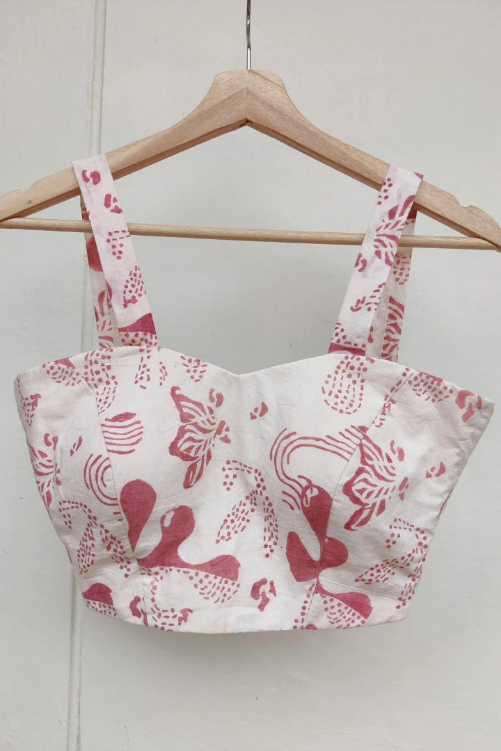 Ilamra kalamkari craft hand block printed organic cotton pink, red and off-white saree