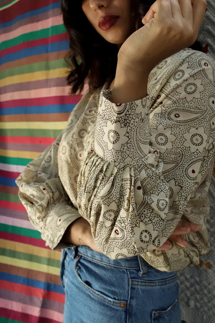 Ilamra hand block printed sustainably made naturally dyed off white and grey top