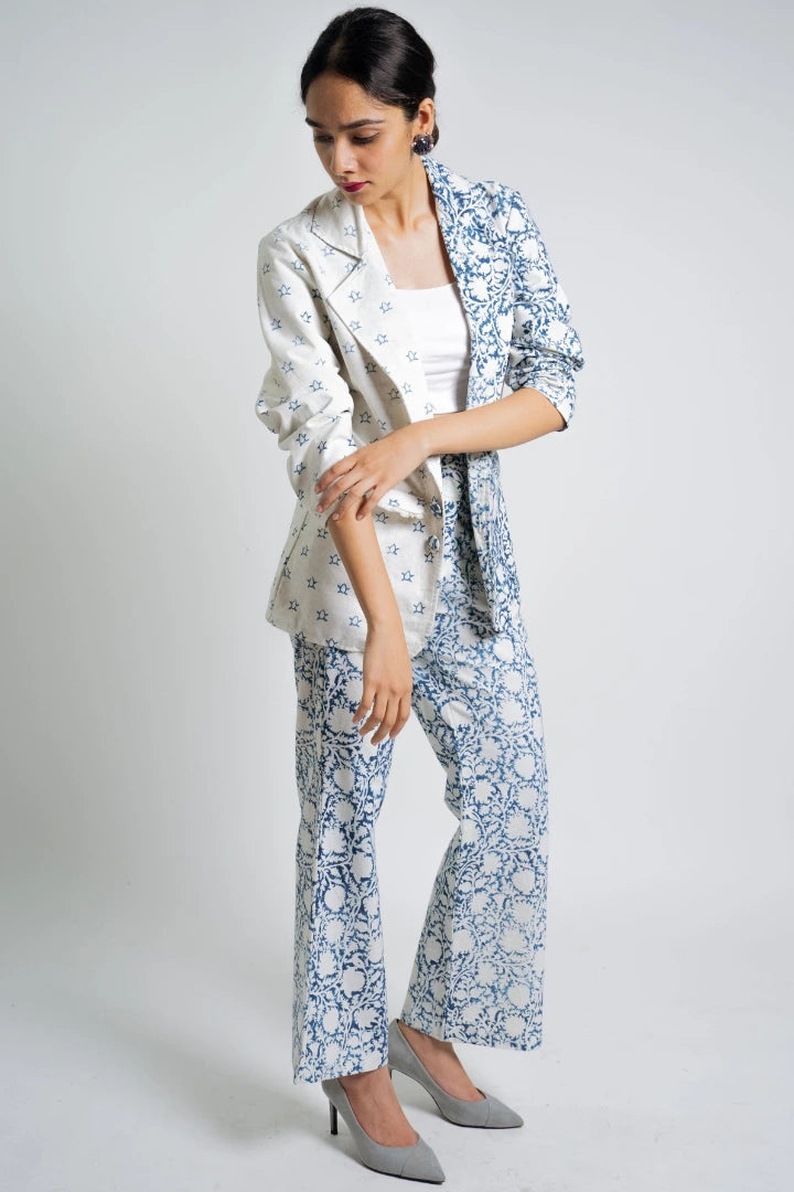 Ilamra hand block printed organic cotton naturally dyed indigo and off-white powerful blazer and pants suit