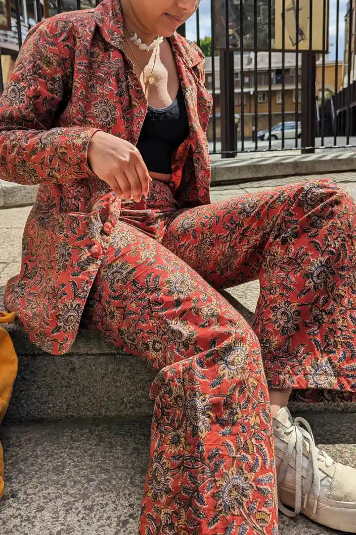 Ilamra hand block printed organic cotton naturally dyed madder red with hints of mustard, dirty green and indigo powerful blazer and pants suit
