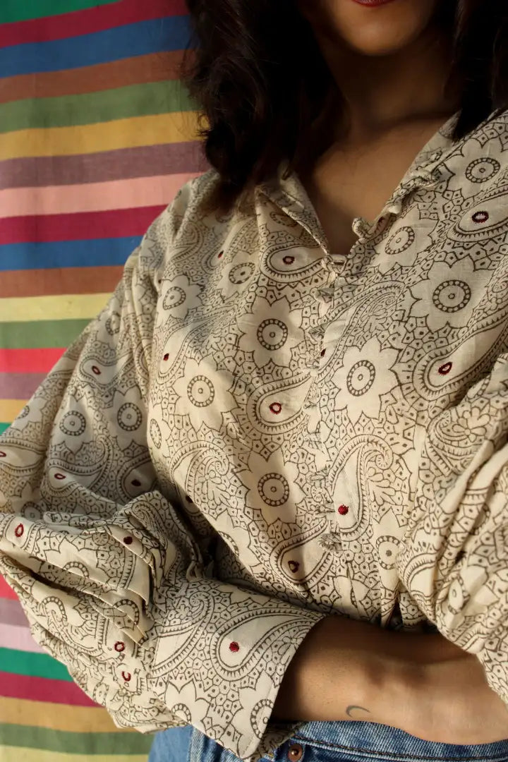 Ilamra hand block printed sustainably made naturally dyed off white and grey top
