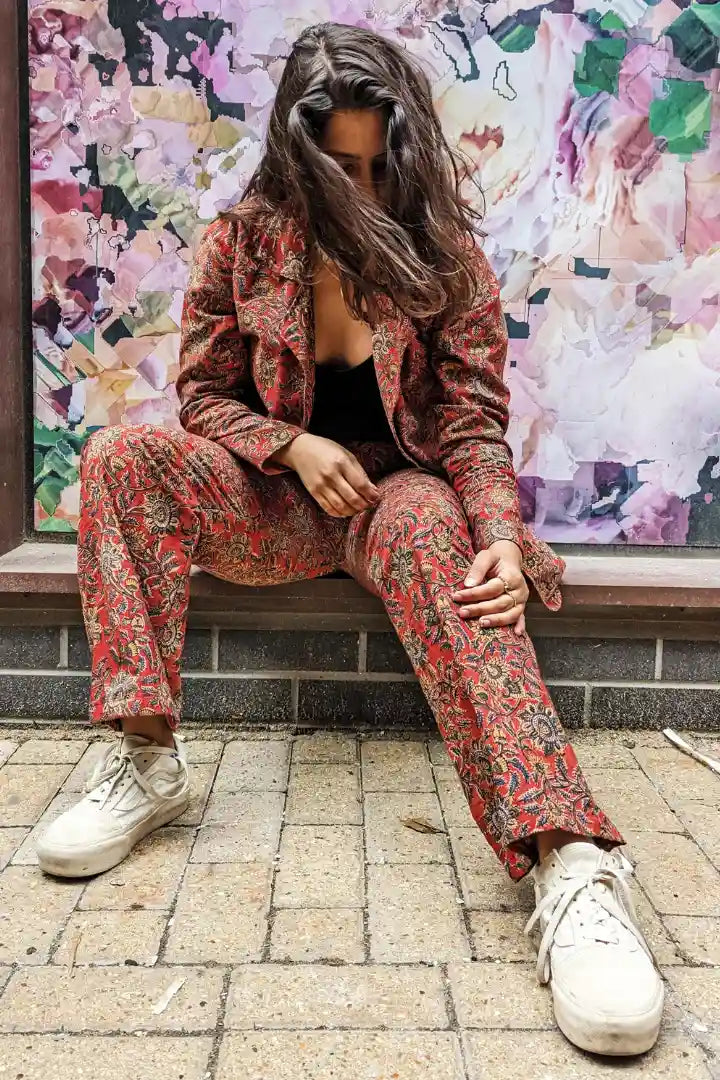Ilamra hand block printed organic cotton naturally dyed madder red with hints of mustard, dirty green and indigo powerful blazer and pants suit