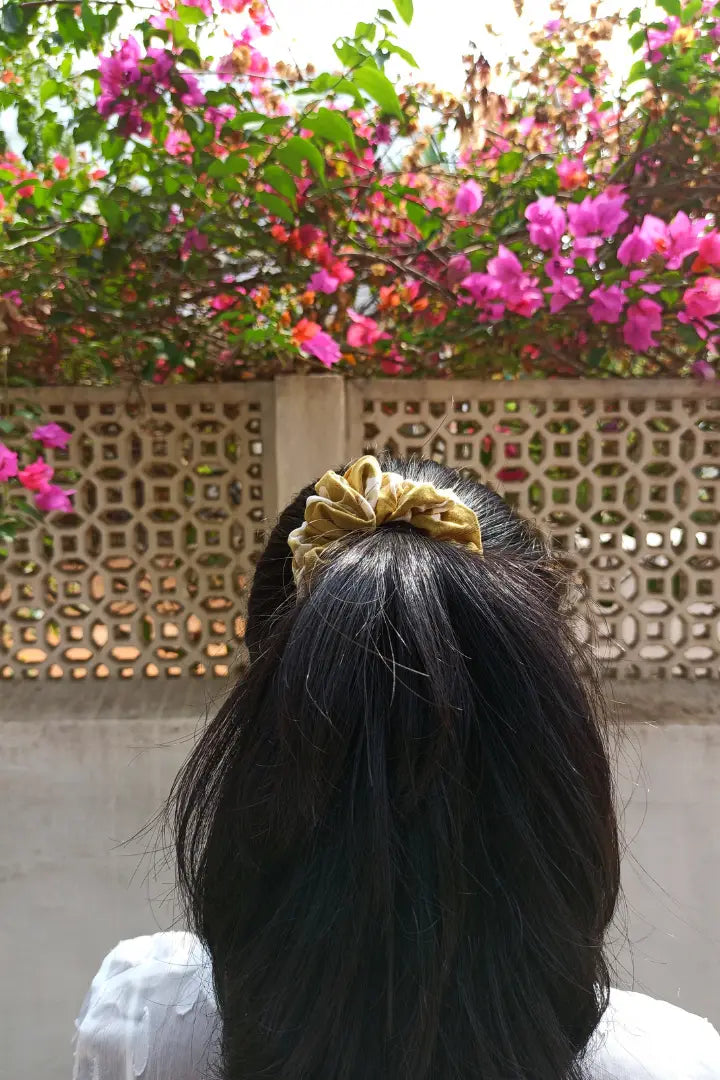ilamra hand block printed naturally dyed organic cotton Light green and hints of off-white upcycled cotton vibrant scrunchie