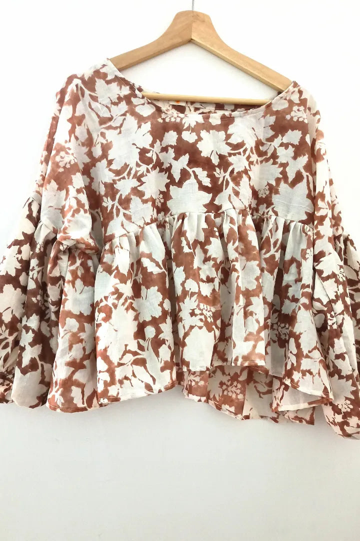 Ilamra sustainable clothing organic cotton brown and off-white hand block printed tent top