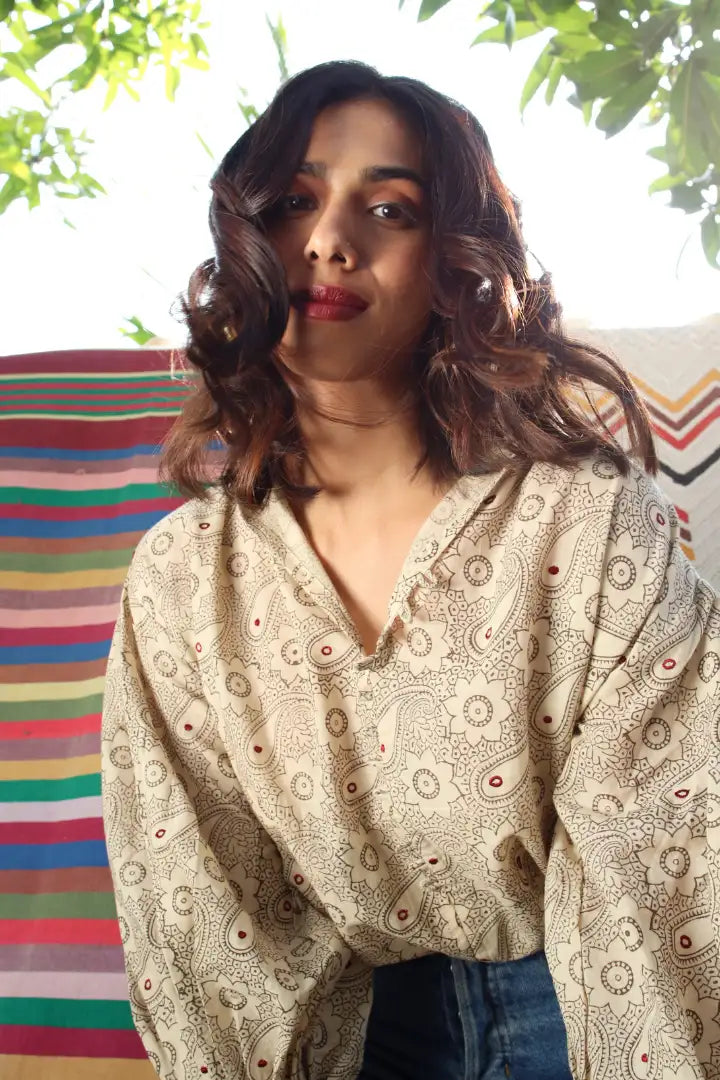 Ilamra hand block printed sustainably made naturally dyed off white and grey top
