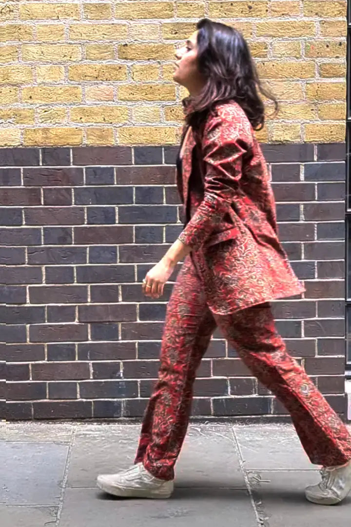 Ilamra hand block printed organic cotton naturally dyed madder red with hints of mustard, dirty green and indigo powerful blazer and pants suit