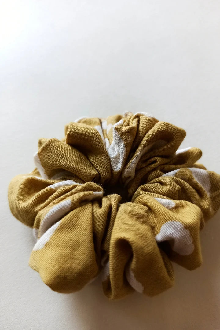 ilamra hand block printed naturally dyed organic cotton Light green and hints of off-white upcycled cotton vibrant scrunchie