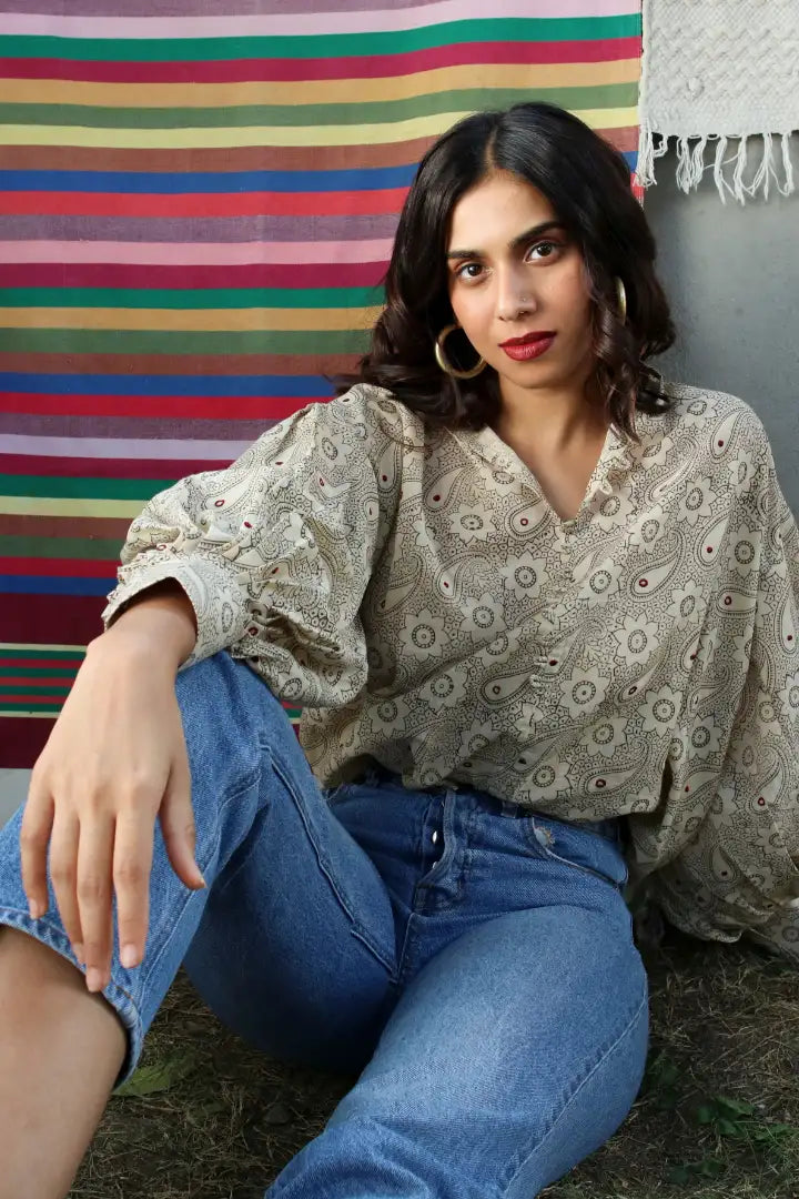 Ilamra hand block printed sustainably made naturally dyed off white and grey top