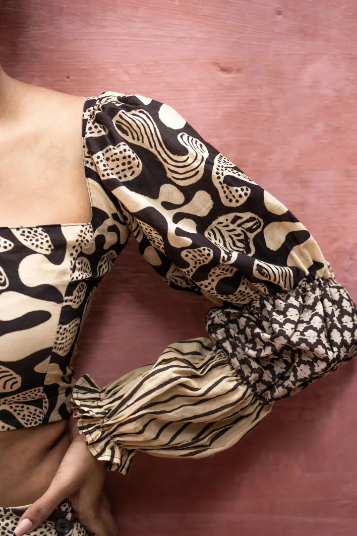 Ilamra kalamkari craft hand block printed organic cotton black and beige dress