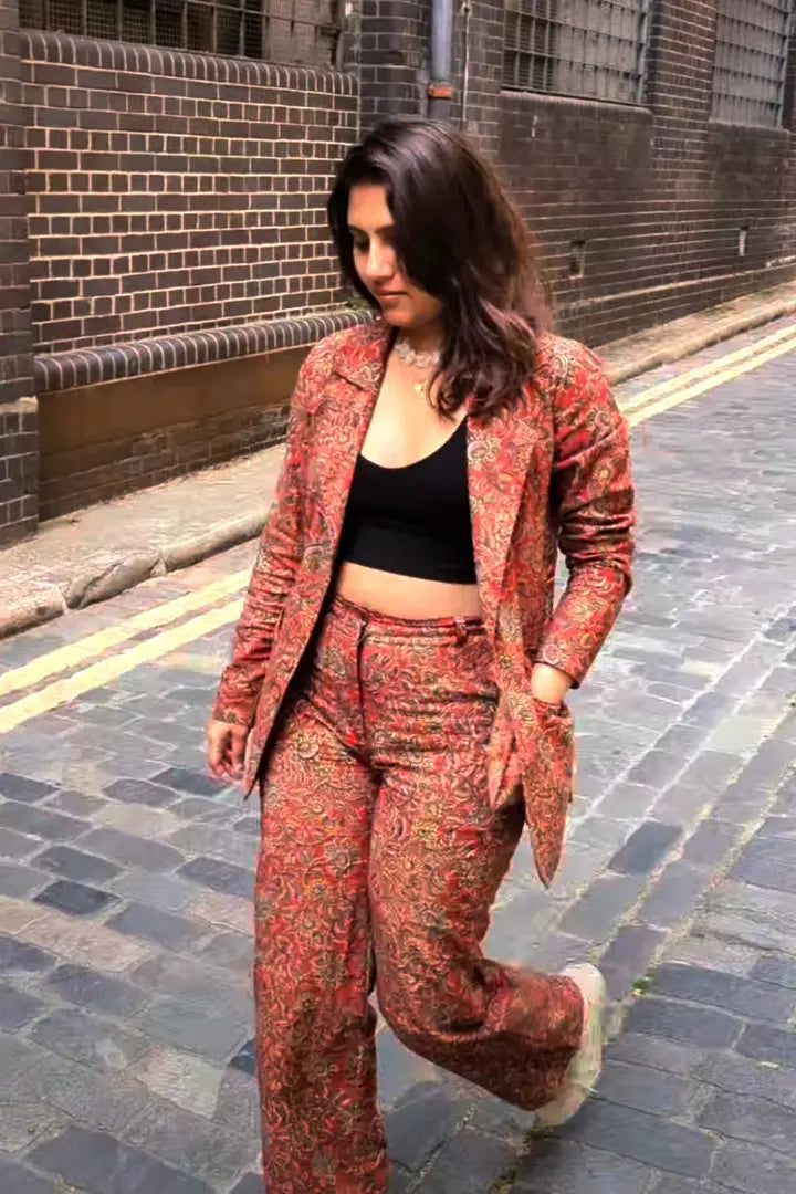 Ilamra hand block printed organic cotton naturally dyed madder red with hints of mustard, dirty green and indigo powerful blazer and pants suit