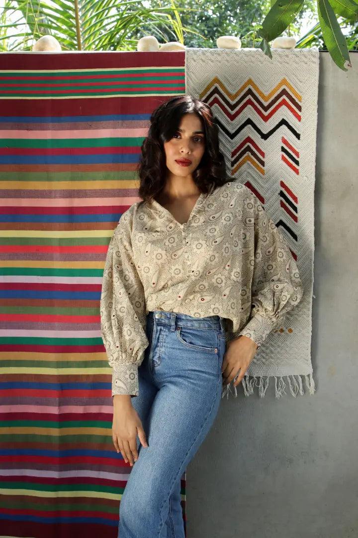 Ilamra hand block printed sustainably made naturally dyed off white and grey top