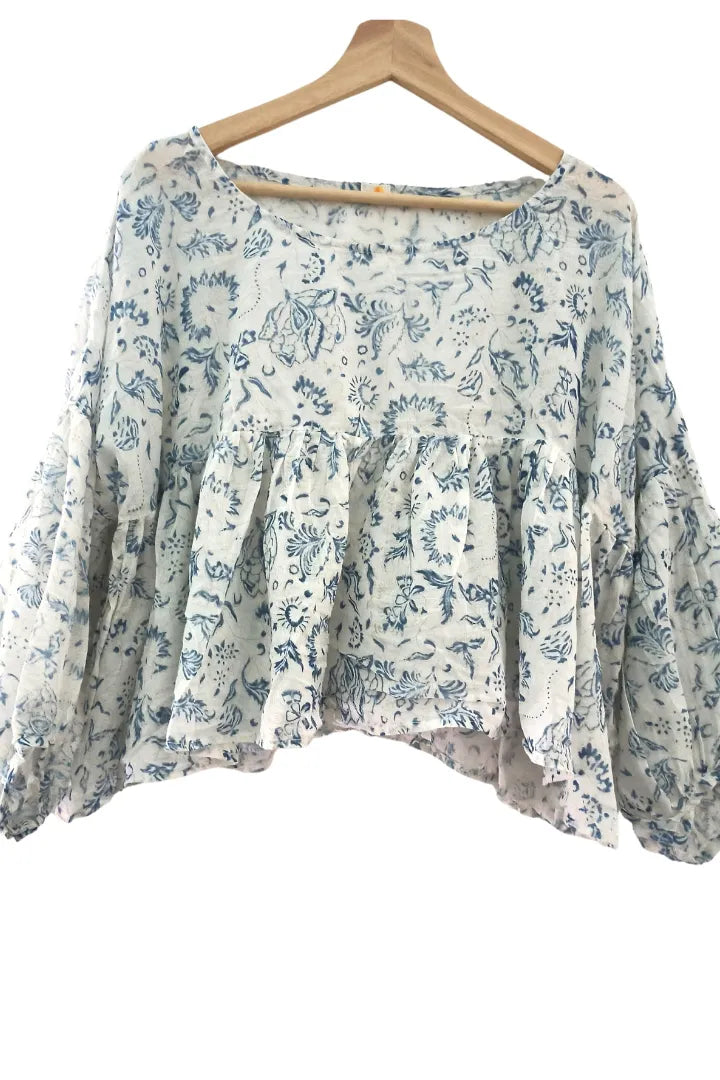 Ilamra sustainable clothing organic cotton indigo and off-white hand block printed tent top