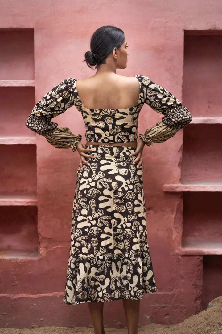 Ilamra kalamkari craft hand block printed organic cotton black and beige dress