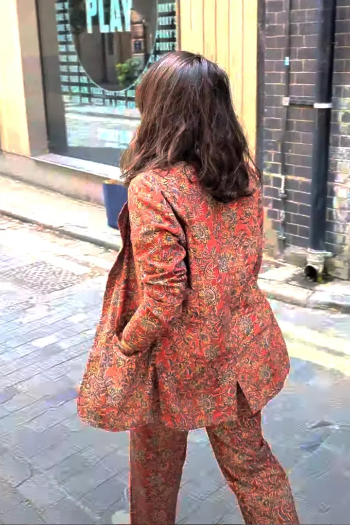 Ilamra hand block printed organic cotton naturally dyed madder red with hints of mustard, dirty green and indigo powerful blazer and pants suit