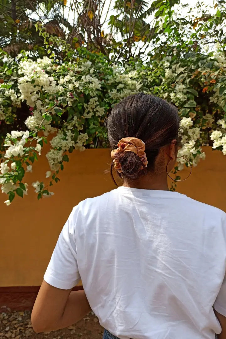ilamra hand block printed naturally dyed organic cotton Orange and hints of madder red upcycled cotton sexy scrunchie