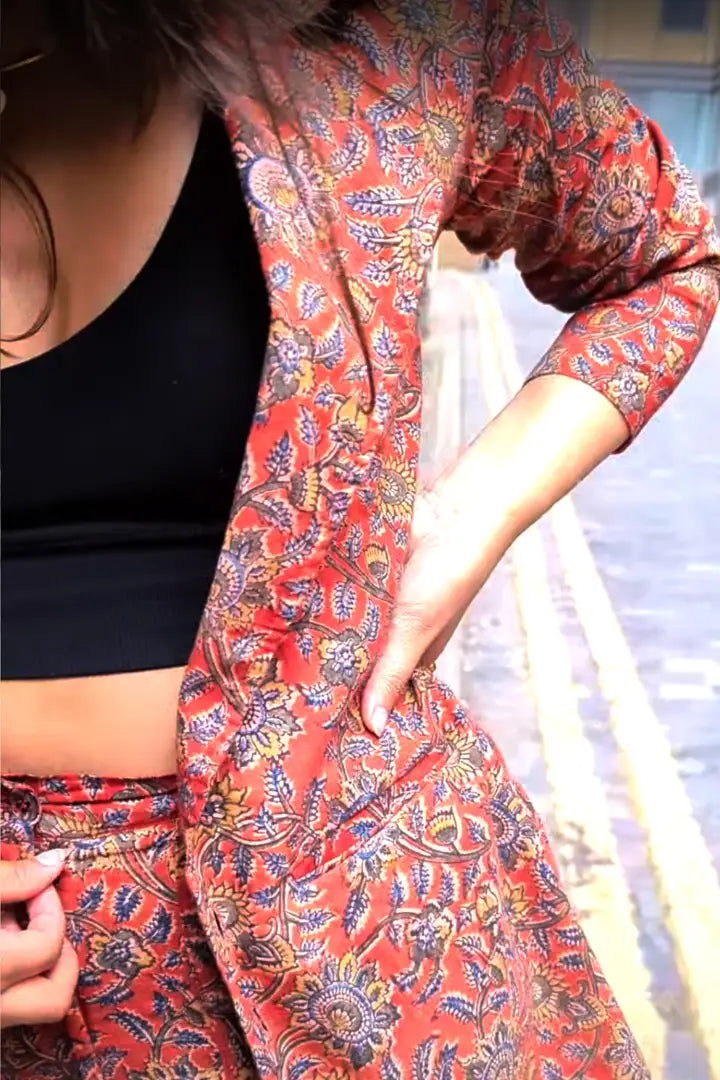 Ilamra hand block printed organic cotton naturally dyed madder red with hints of mustard, dirty green and indigo powerful blazer and pants suit