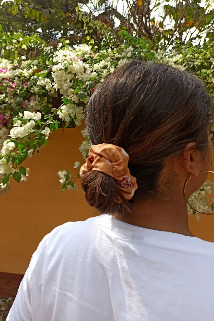 ilamra hand block printed naturally dyed organic cotton Orange and hints of madder red upcycled cotton sexy scrunchie