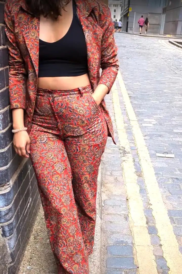 Ilamra hand block printed organic cotton naturally dyed madder red with hints of mustard, dirty green and indigo powerful blazer and pants suit