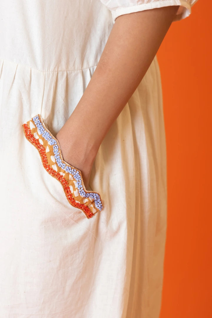 Ilamra kalamkari craft hand block printed organic cotton off-white long dress with pockets