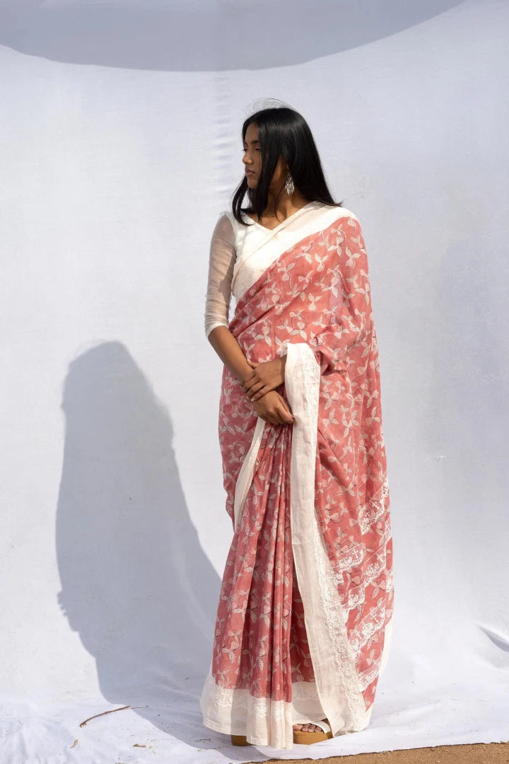 Ilamra kalamkari craft hand block printed organic cotton Gulab pink with black and red detailing on a pebble white canvas saree