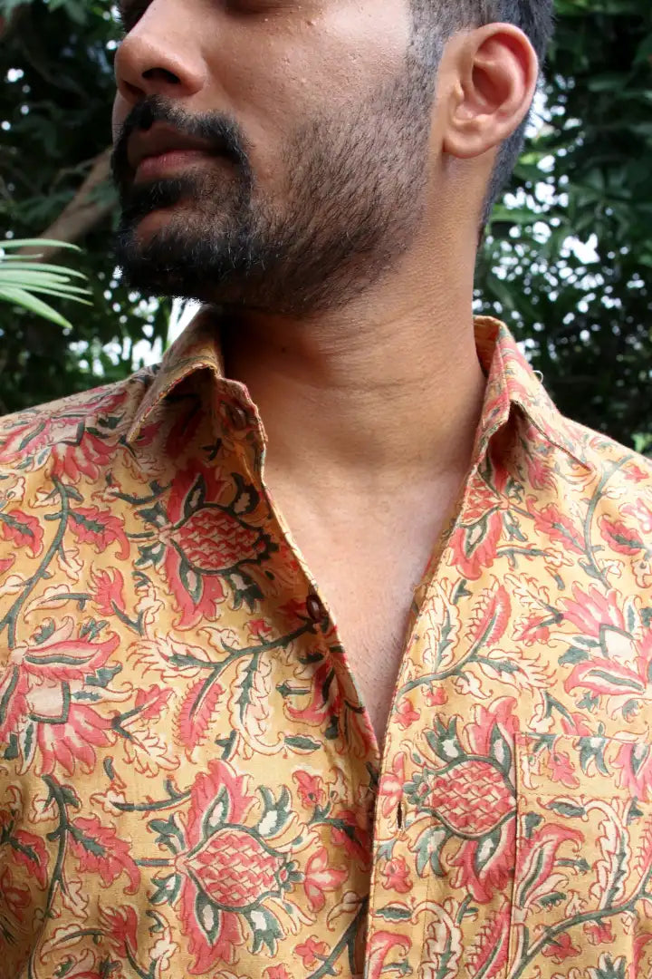 ilamra men's hand block printed naturally dyed organic cotton mustard, yellow, red and green shirt