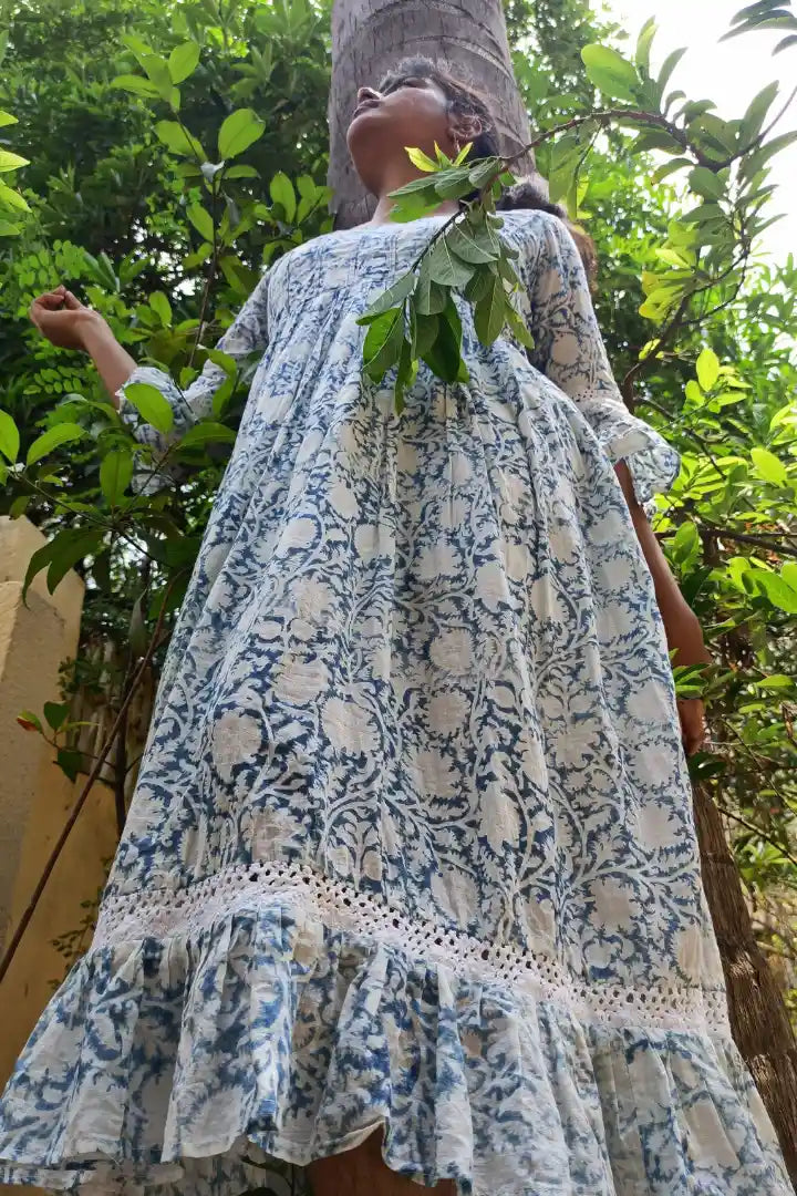 Ilamra sustainable clothing organic cotton Indigo and Off-white hand block printed elegant dress