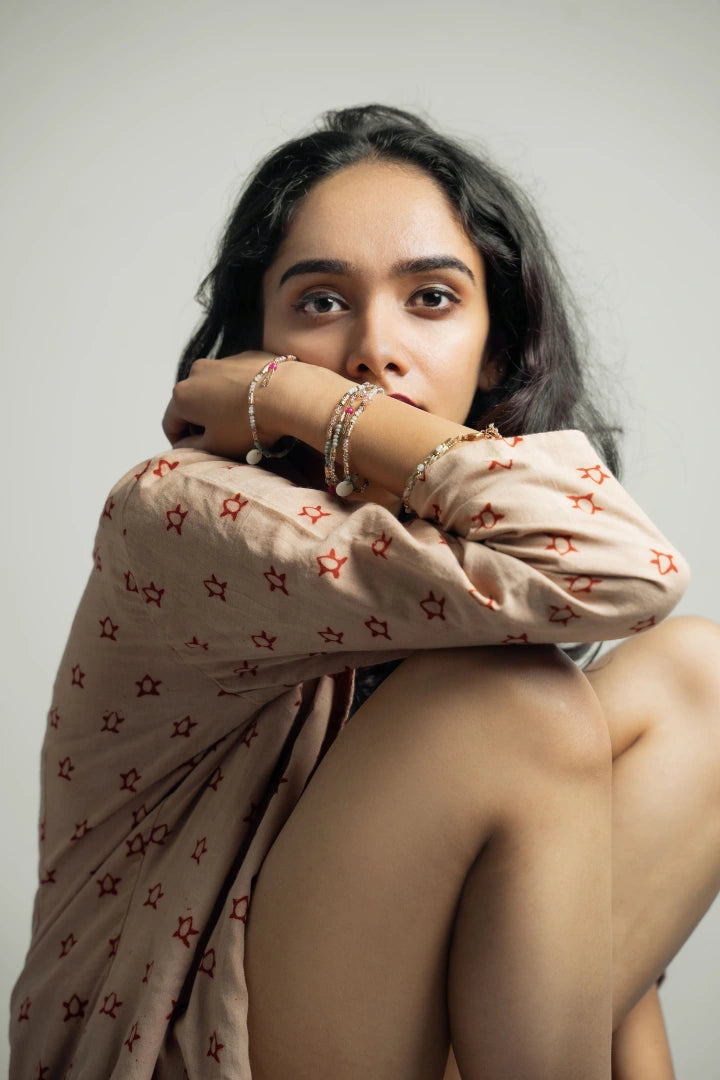 Ilamra sustainable clothing organic cotton madder red and beige hand block printed soft blazer and shorts co-ord set