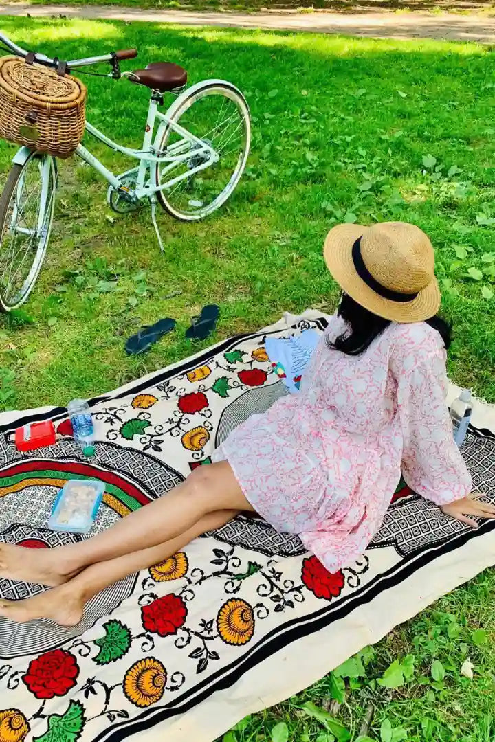 Ilamra sustainable clothing organic cotton Off-white and blush pink hand block printed tiered dress with puffed sleeves