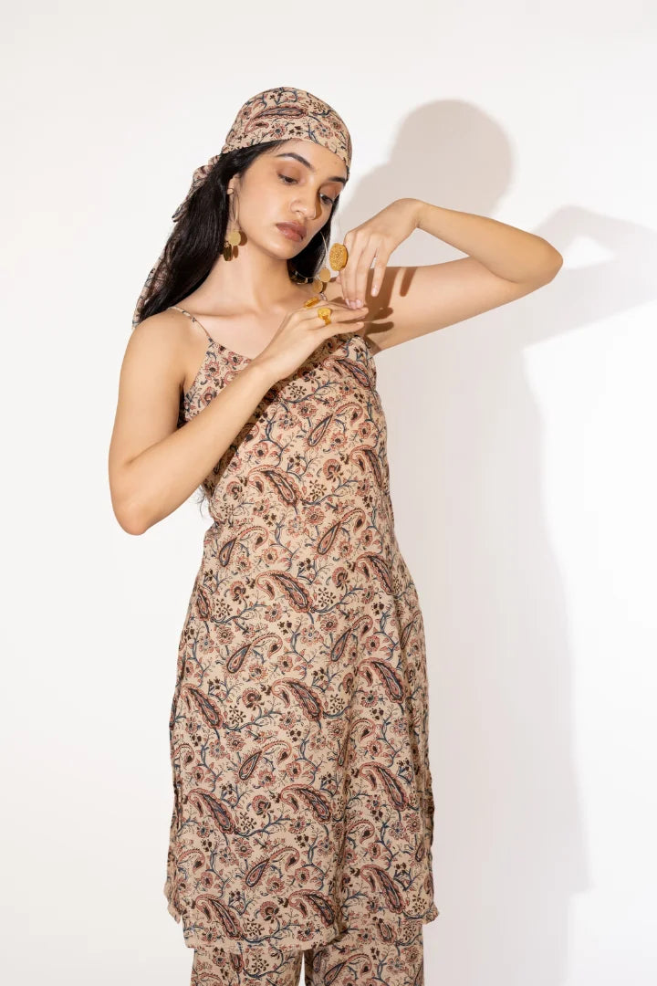 Ilamra hand block printed sustainably made naturally dyed Beige with hints of indigo, madder red and blush pink co-ord set