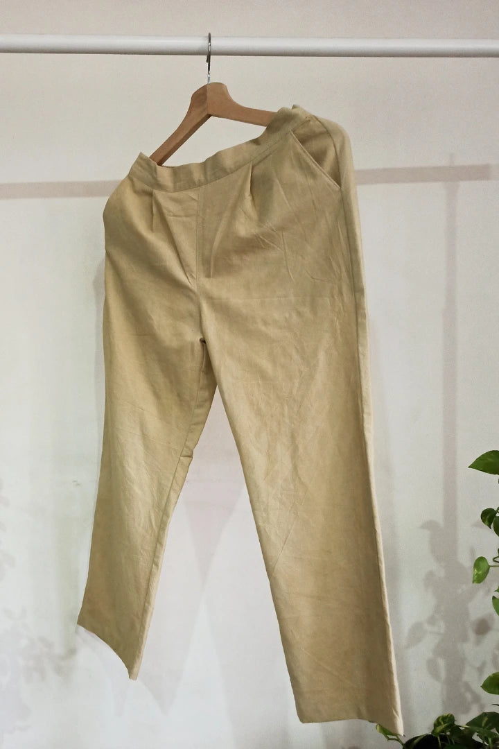 Ilamra kalamkari craft hand block printed organic cotton Beige classy and sassy straight-cut cropped pants