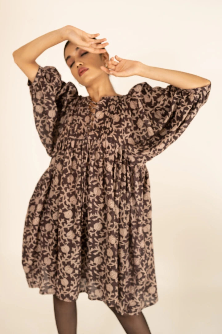 Ilamra sustainable clothing organic cotton hand block printed black and beige chic dress