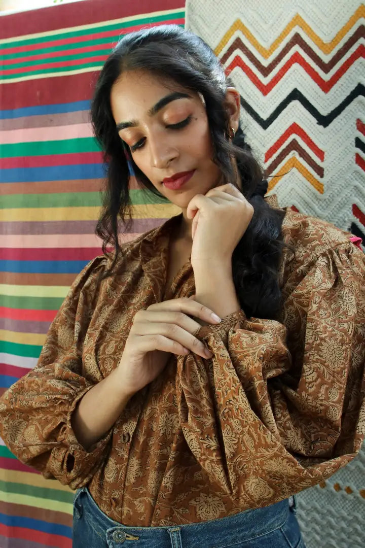 ilamra hand block printed naturally dyed organic cotton brown and beige shirt