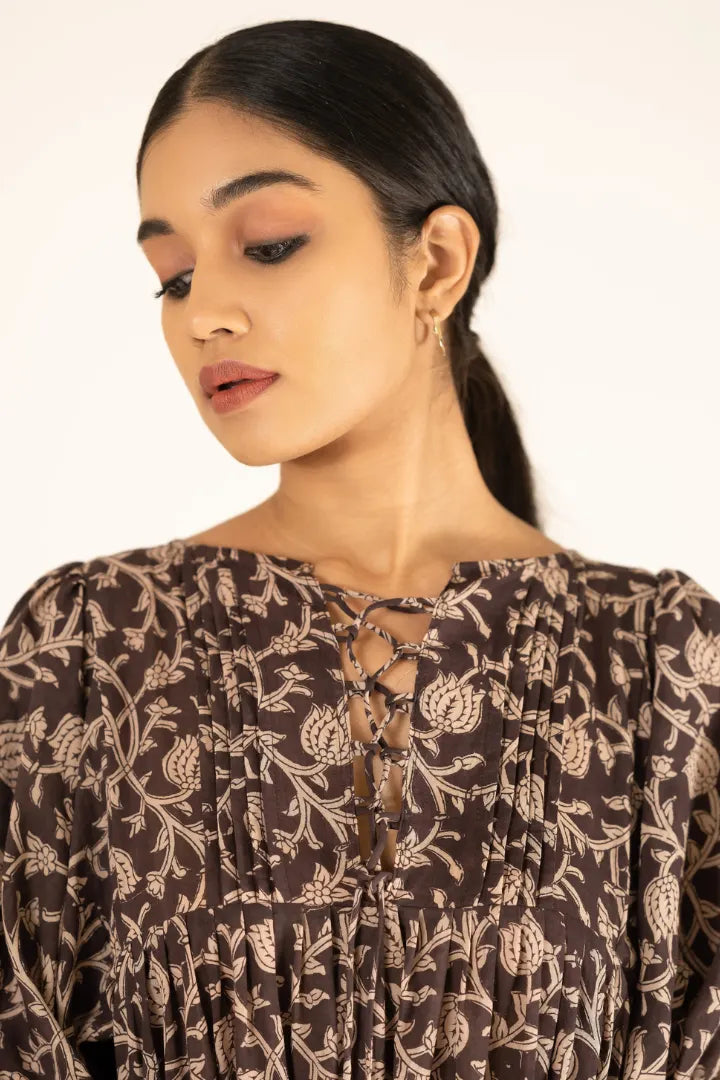 Ilamra sustainable clothing organic cotton hand block printed black and beige chic dress