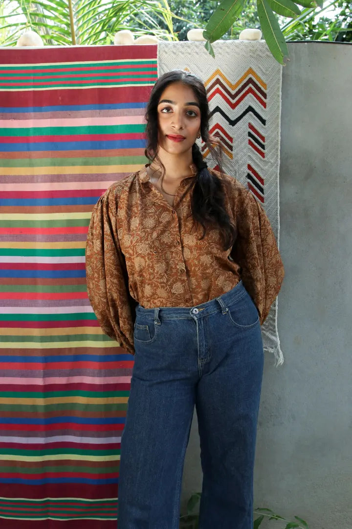 ilamra hand block printed naturally dyed organic cotton brown and beige shirt
