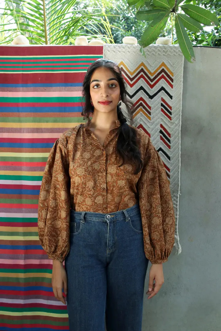 ilamra hand block printed naturally dyed organic cotton brown and beige shirt