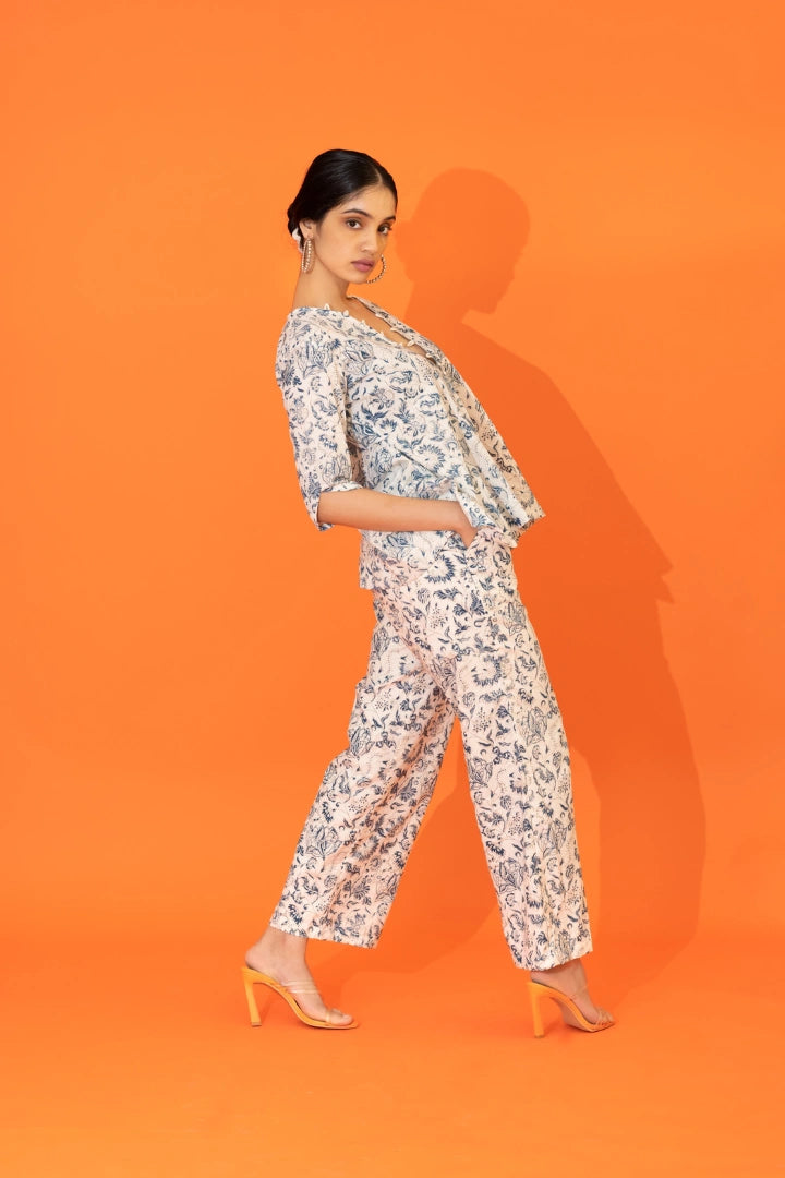 Ilamra hand block printed organic cotton naturally dyed Indigo and off-white plunging v-neck jacket