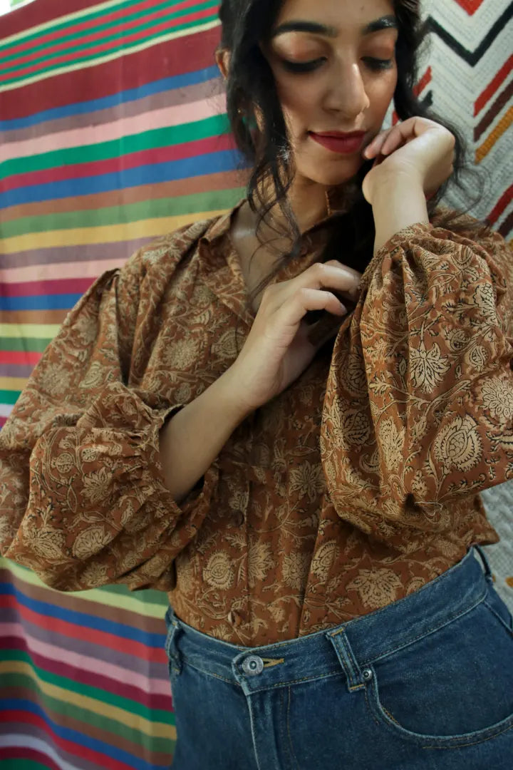 ilamra hand block printed naturally dyed organic cotton brown and beige shirt