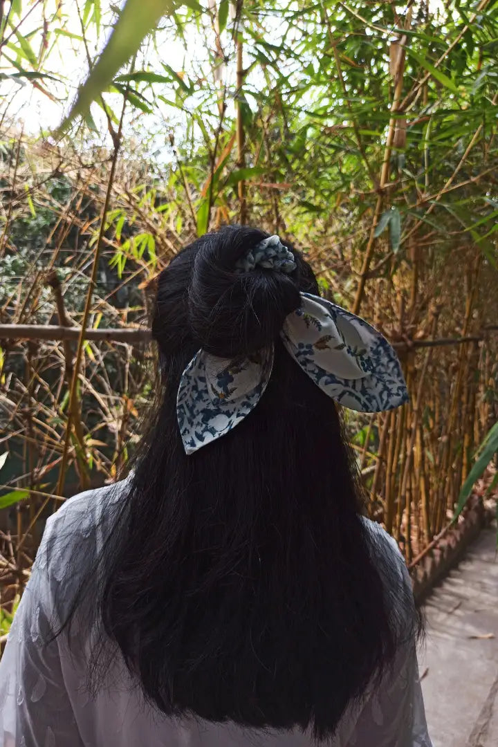 ilamra hand block printed naturally dyed organic cotton Off-white, indigo and hints of light green and dirty green upcycled cotton classy scrunchie