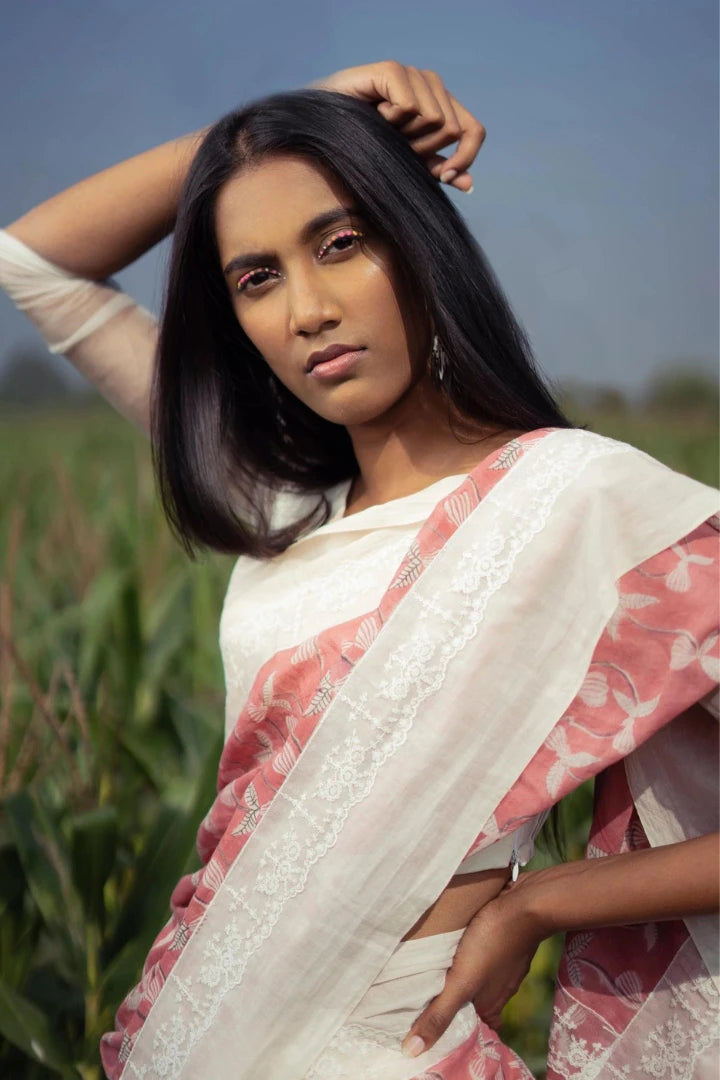 Ilamra kalamkari craft hand block printed organic cotton Gulab pink with black and red detailing on a pebble white canvas saree