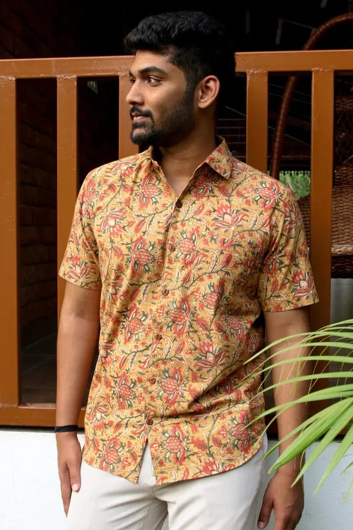 ilamra men's hand block printed naturally dyed organic cotton mustard, yellow, red and green shirt