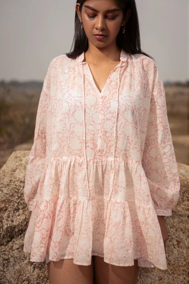 Ilamra sustainable clothing organic cotton Off-white and blush pink hand block printed tiered dress with puffed sleeves