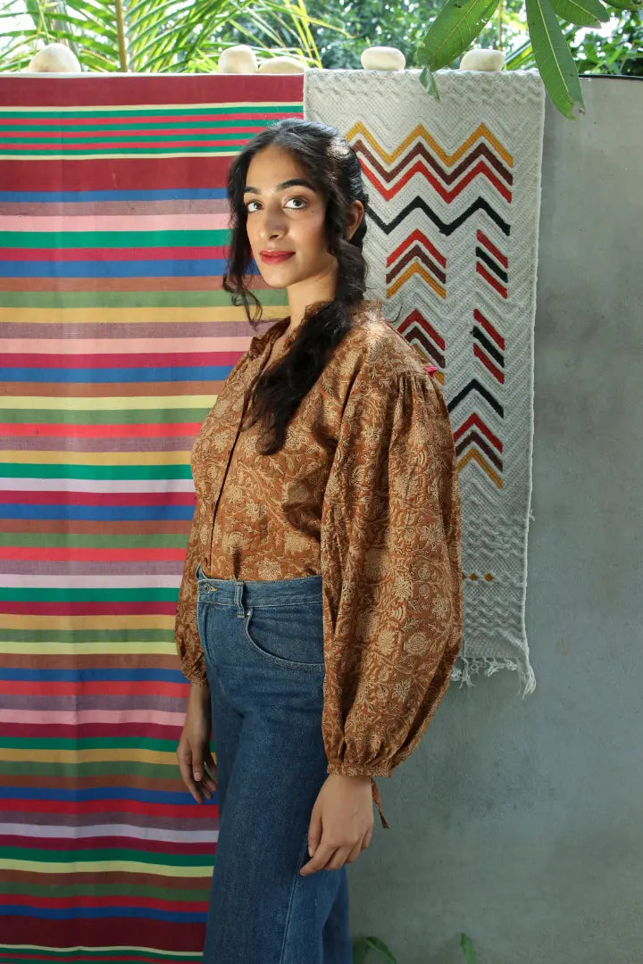 ilamra hand block printed naturally dyed organic cotton brown and beige shirt