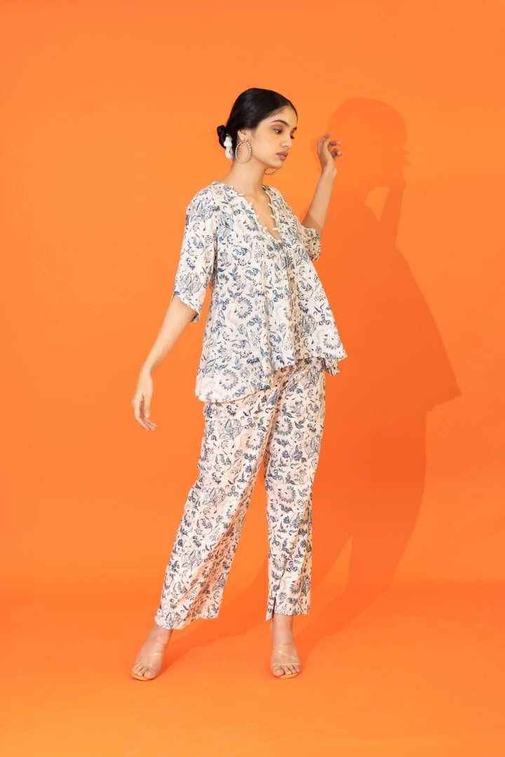 Ilamra hand block printed organic cotton naturally dyed Indigo and off-white plunging v-neck jacket