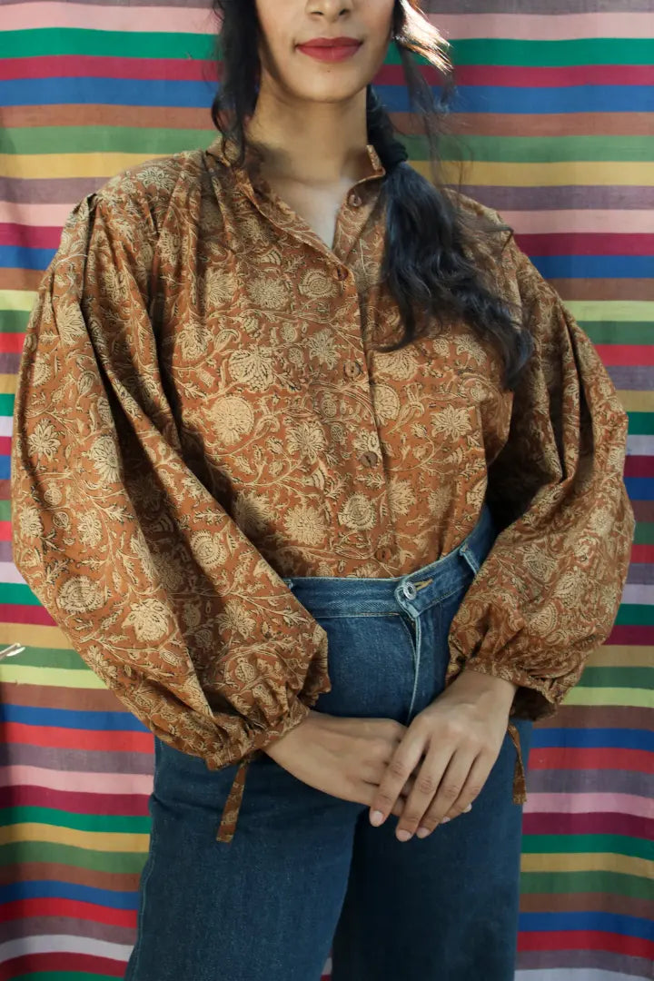 ilamra hand block printed naturally dyed organic cotton brown and beige shirt